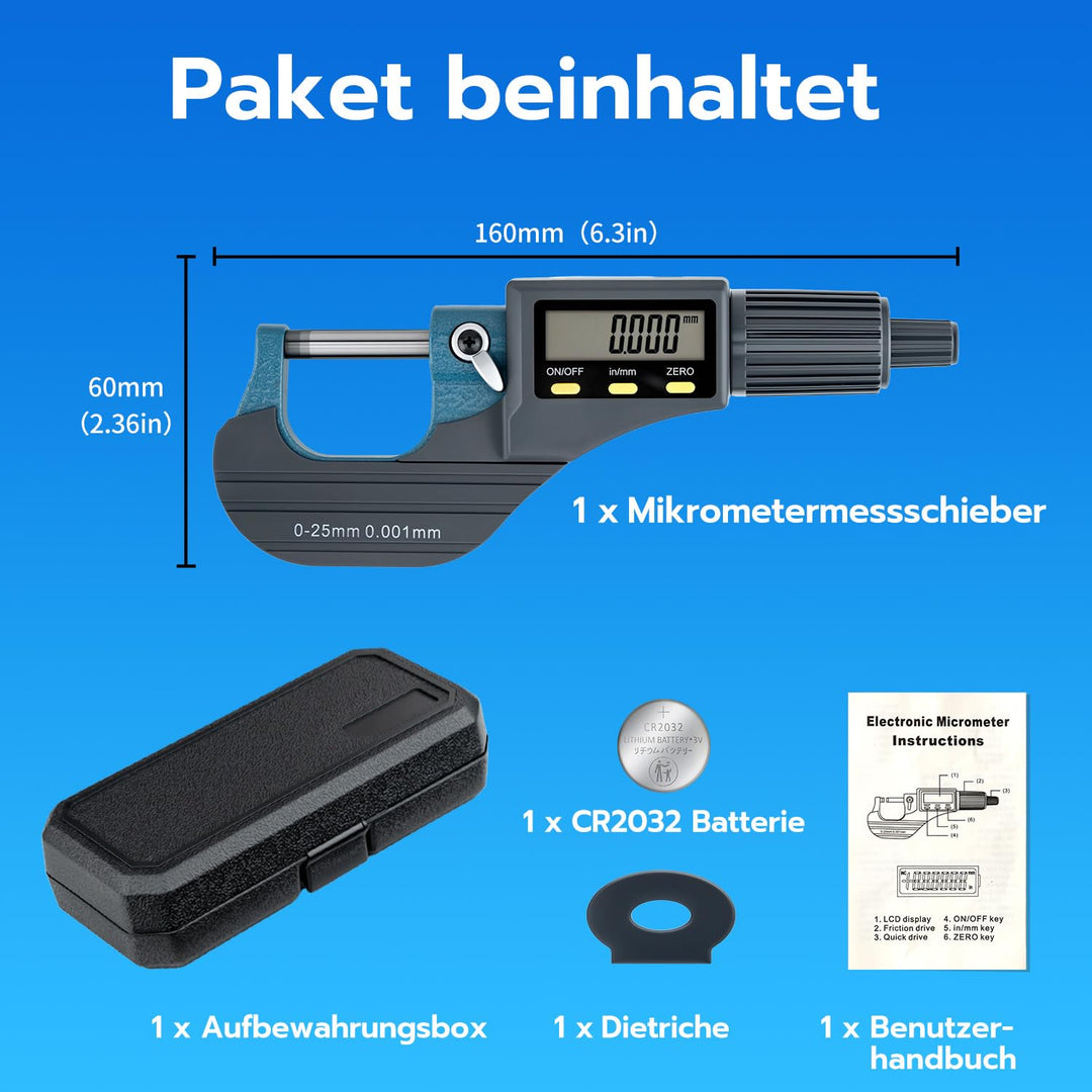 Mcbazel Mikrometer LCD Digitale Bügelmessschraube 0-25mm, 0.001mm Auflösung