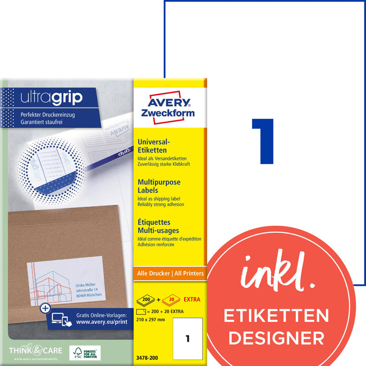 AVERY Zweckform 3478-200 Universal Etiketten (200 plus 20 Klebeetiketten extra, 210x297mm auf A4, be