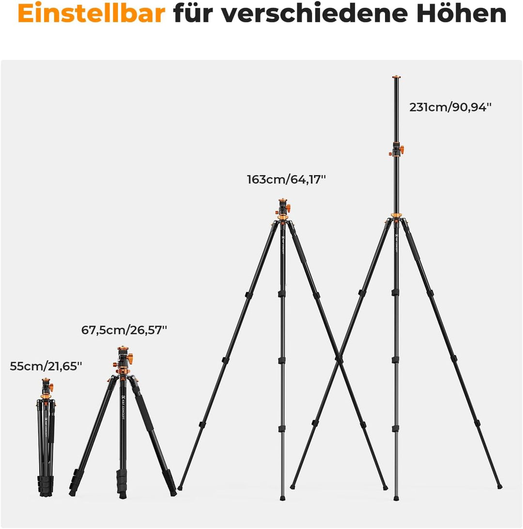Kamera Stativ,K&F Concept Videostativ Video Tripod mit Fluidkopf,231cm Stativ mit 90° Mittelsäule un