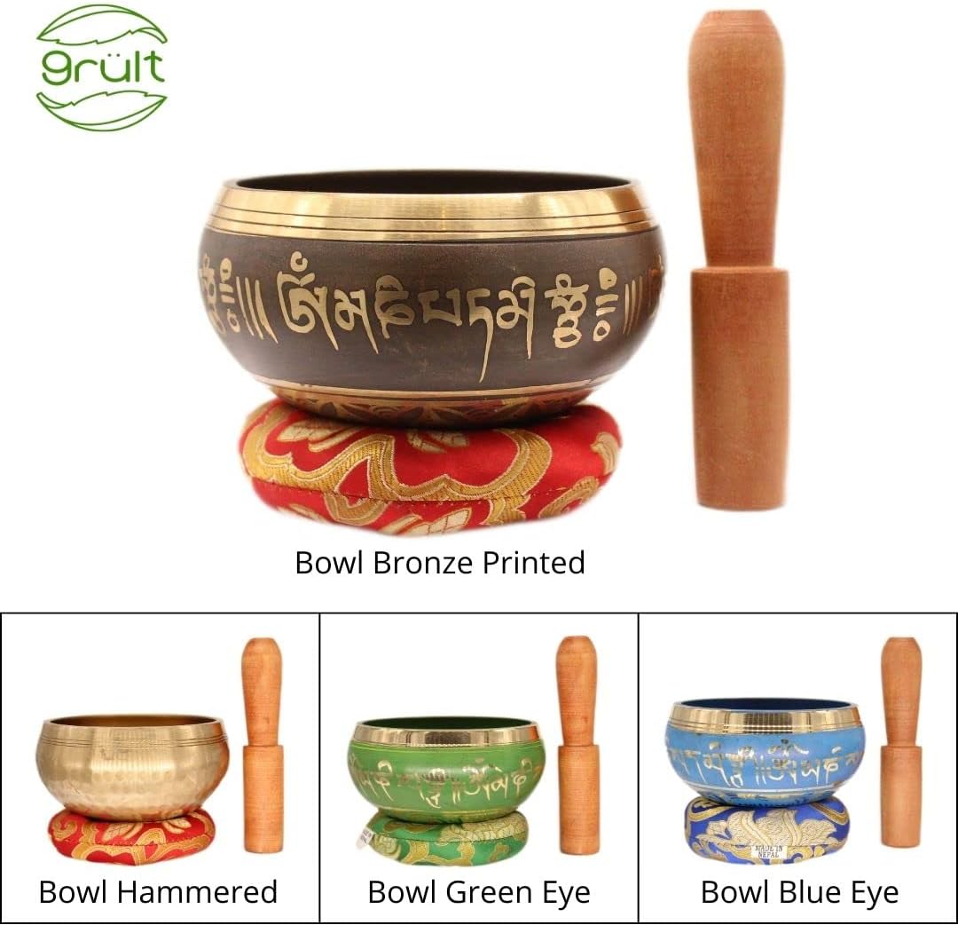 Original tibetische Klangschale mit Sockel und Holzklöppel - handgefertigt in Nepal für Heilung, Bew