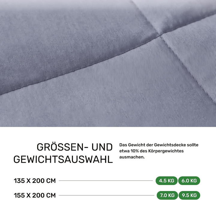 Dailydream Therapie Gewichtsdecke aus Baumwolle, 9,5Kg für Erwachsende, 155 x 200 cm, Grau Grau 155x