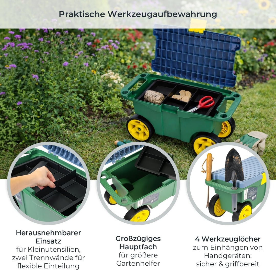 HMF 2-in-1 Gartenwagen mit Sitz und Stauraum, Gartenhocker mit grossen Rollen, Rollsitz für Gartenar