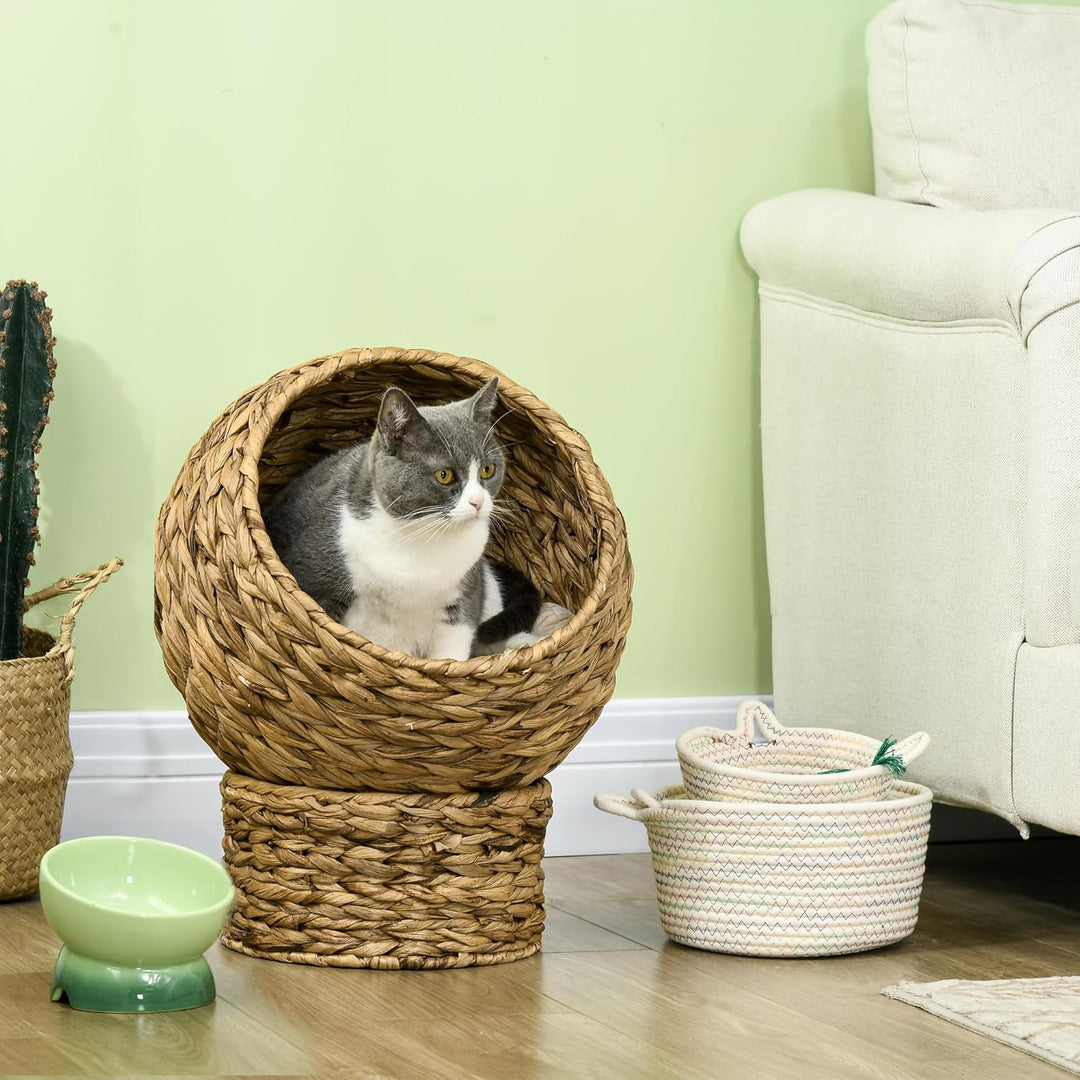 PawHut Rattan Katzenkorb Katzenhöhle Katzenhütte Katzenbett mit Kissen Haustierbett Wasserhyazinthe