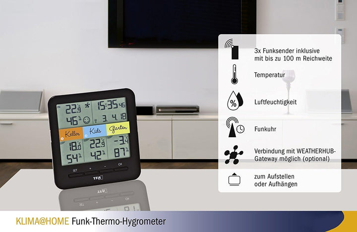 TFA Dostmann 30.3060.01 Funkthermo-Hygrometer Klima Home, schwarz (Schwarz mit Batterien), Schwarz m