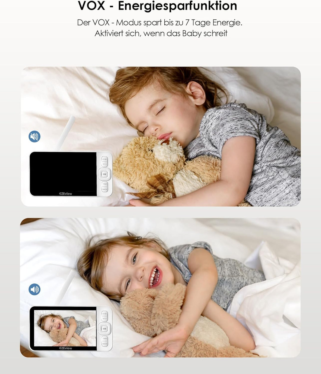 CZEview Babyphone mit Kamera, 2K/5,0" HD WLAN Video Babyfon mit App, 360°, 4× Zoom, Nachtsicht, Auto