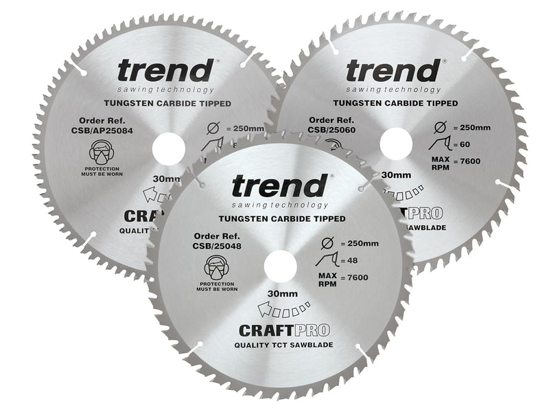 Trend CraftPro Dreierpack TCT-Kreissägeblätter, 250mm Durchmesser x 48, 60 und 84 Zähne x 30mm Bohru