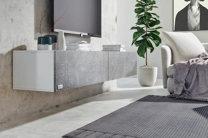 Wuun® TV Lowboard TV Board hängend I 100cm-280cm I Hängeschrank Wohnwand/Somero Weiss-Matt/Beton-Opt