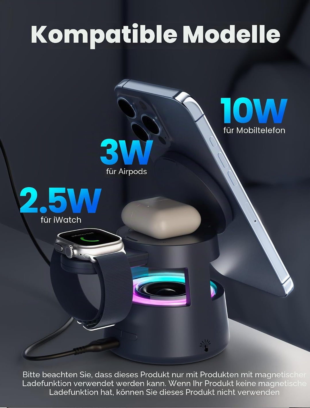 NEUTYPECHIC Bluetooth-Lautsprecher mit Induktionsladegerät 5-in-1, Schreibtischlampe, Halterung 65°