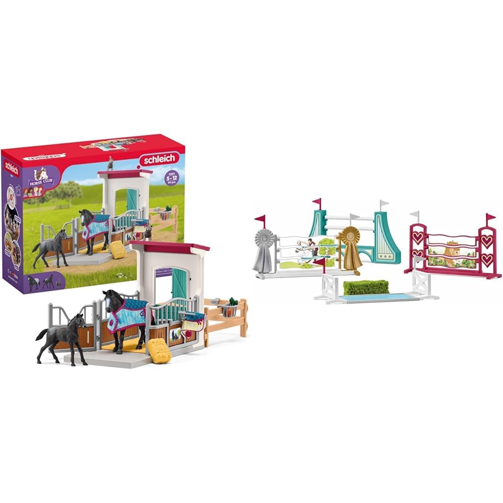 SCHLEICH 42611 Horse Club Pferdebox mit Stute und Fohlen &amp; 42612 Hindernisse Zubehör, für Kinder ab