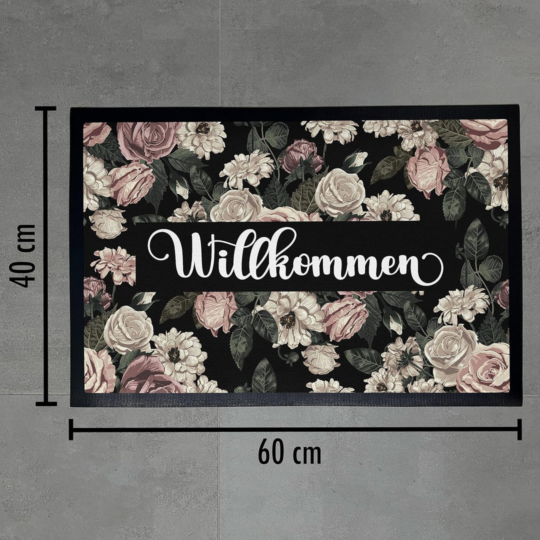 Trendation - Willkommen Blumen Grafik Fussmatte Geschenk Schöne Fussmatte Aussen und Innenbereich 60