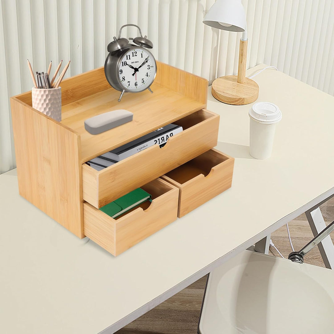 Bambus Schreibtisch Organizer mit 3 Schubladen Naturbambus Aufbewahrungsbox Schubladenbox mit Platzi