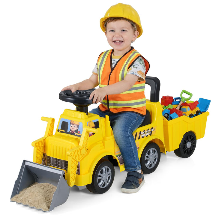 DREAMADE Bagger zum draufsitzen, Kinderbagger mit Verstellbarer Schaufel, abnehmbarem Anhänger, Lenk