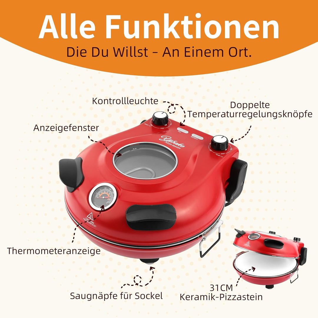 YIBAKE Pizzaofen Elektrisch, 1200W Pizzaofen in 4-Min-Pizza, 31cm Feuerfeste Pizzastein, 420℃ Pizzab