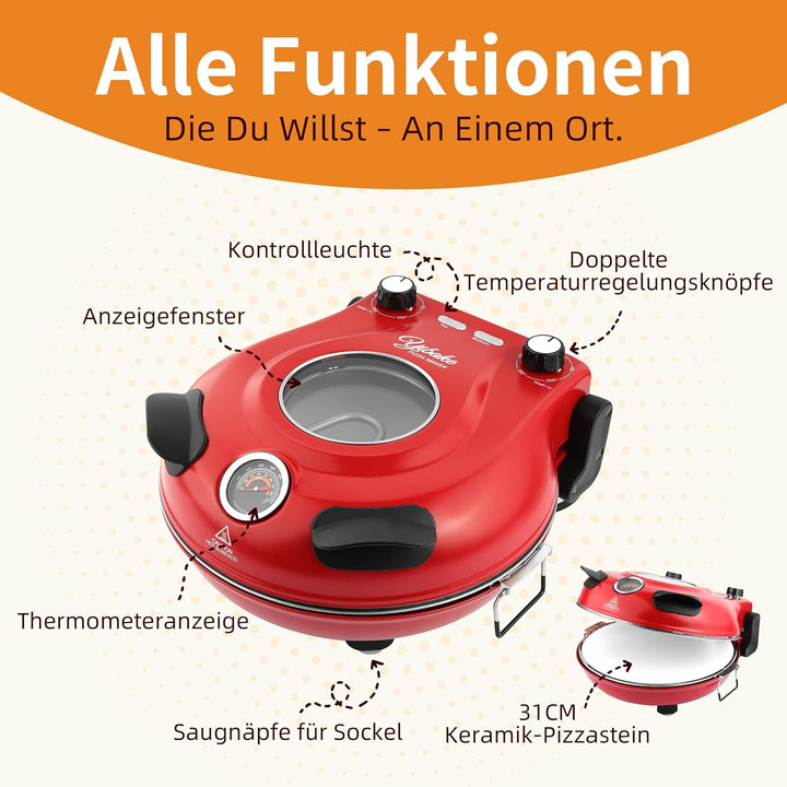 YIBAKE Pizzaofen Elektrisch, 1200W Pizzaofen in 4-Min-Pizza, 31cm Feuerfeste Pizzastein, 420℃ Pizzab