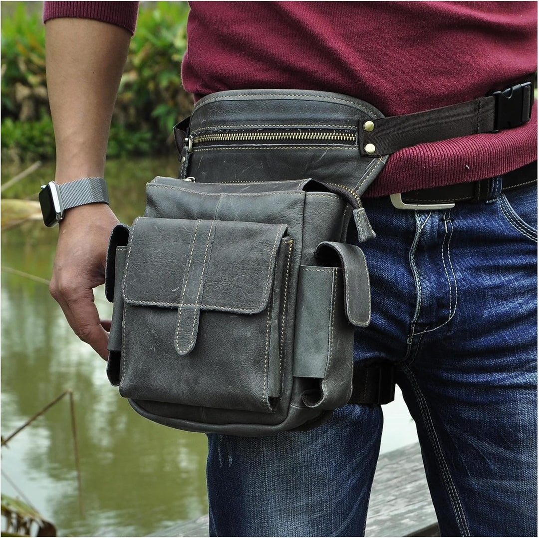 Le'aokuu Herren Echtes Leder Hüfttasche Gürteltasche Bauchtasche Reissverschluss Motorrad Messenger