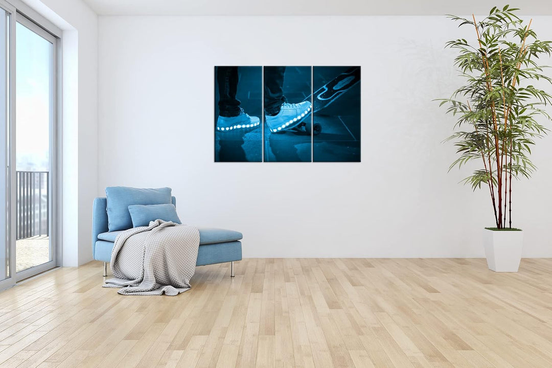deyoli Skateboardfahrer mit leuchtenden Schuhen Format 120x80 3Teilig Effekt: Monocrome Blau als Lei