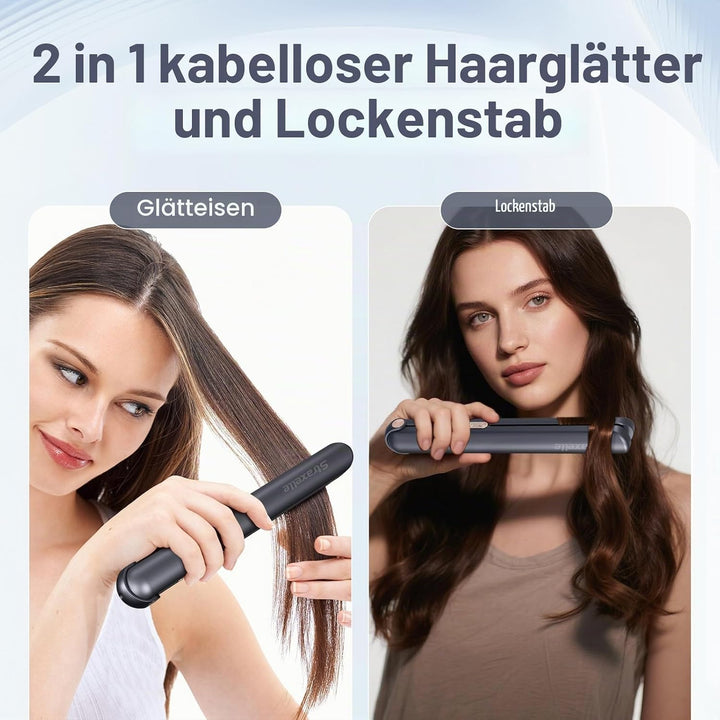 2 in 1 Glätteisen Locken und Glätten, 160°C-220°C Reise Glätteisen Kabellos 10000mAh Akku Haarglätte