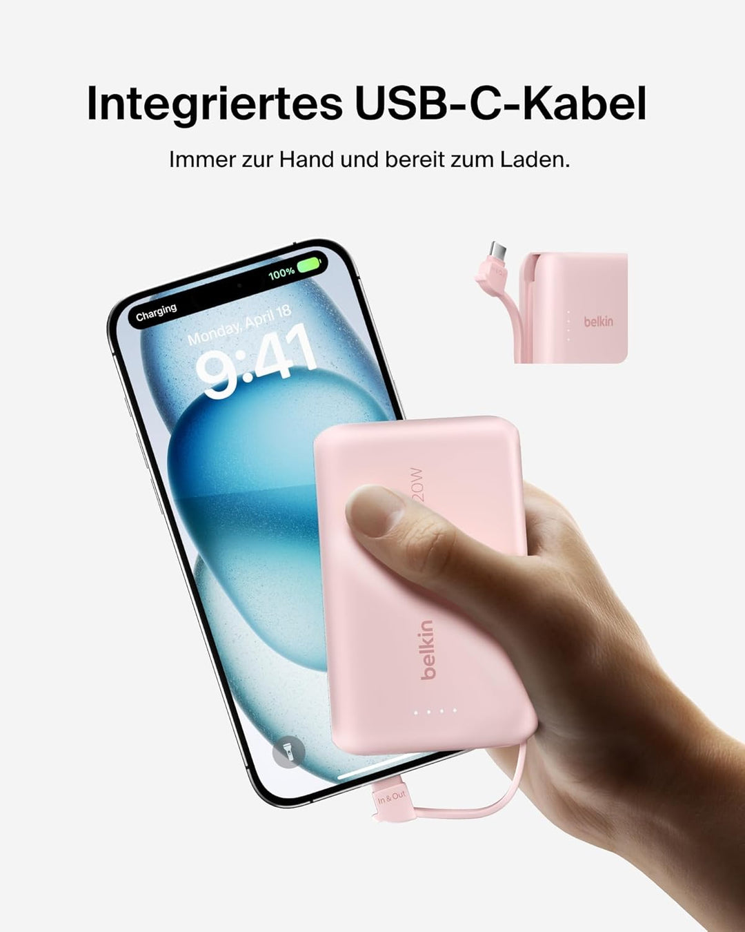 Belkin BoostCharge Power Bank, Portable Powerbank 10000mAh mit integriertem Kabel, PD 20 W – USB-C P