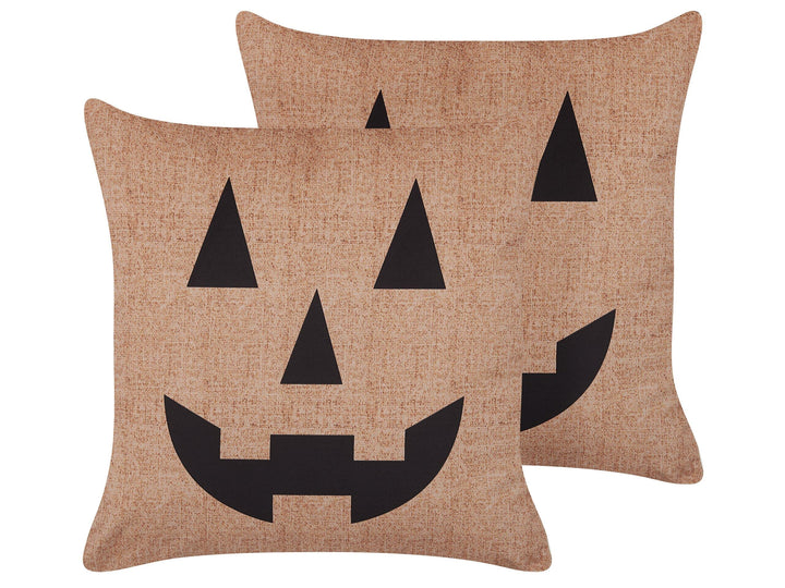Dekokissen mit Füllung 2er Set Samt beige Halloween Kürbis-Motiv 45x45 cm Sebes