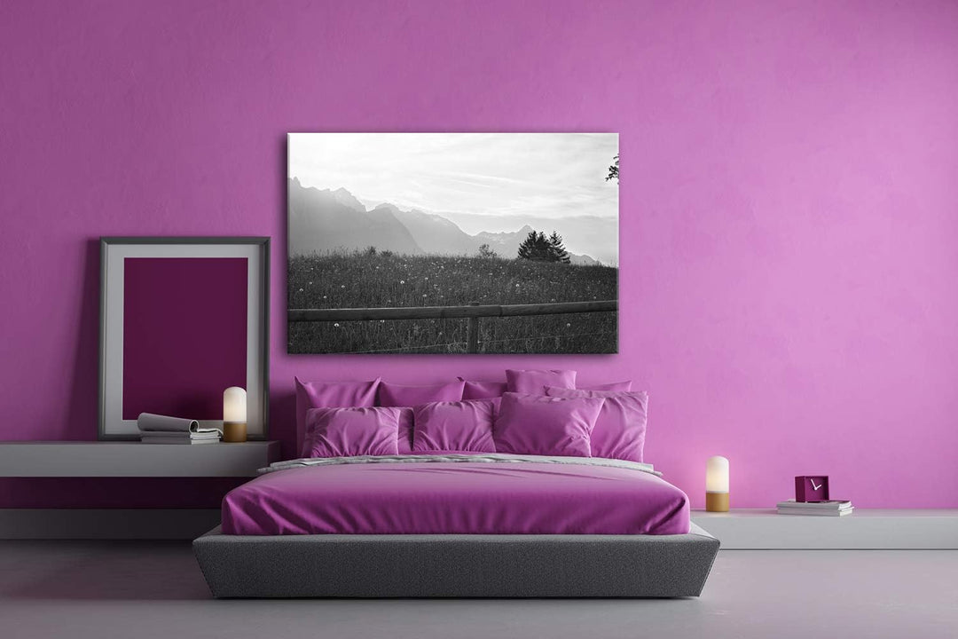 sonniger Tag in den Bergen Format: 80x60 Effekt: Schwarz&Weiss als Leinwandbild, Motiv fertig gerahm