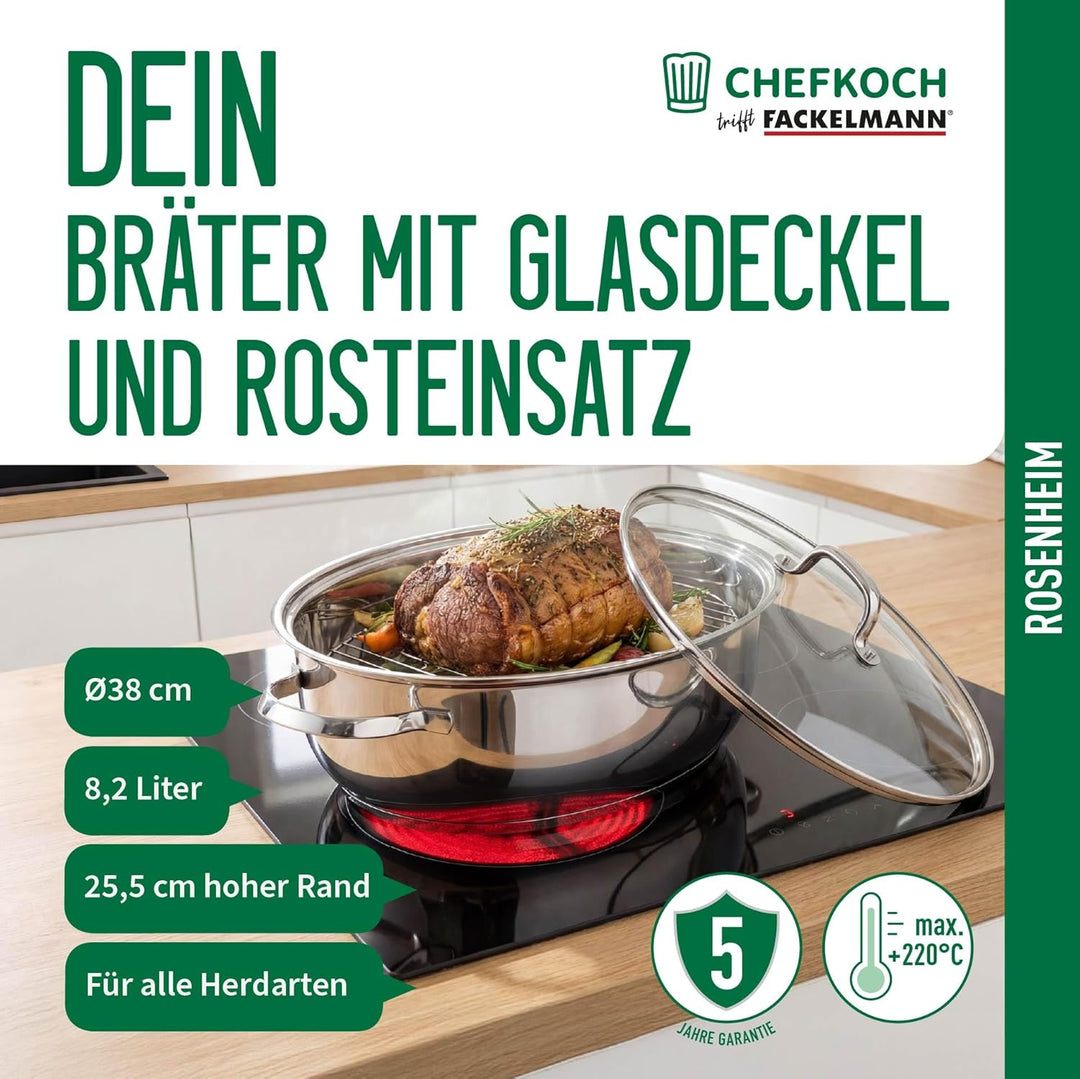 Chefkoch trifft Fackelmann Bräter Rosenheim – Ø38 cm, mit Glasdeckel, Edelstahl-Gussgriff und Rostei
