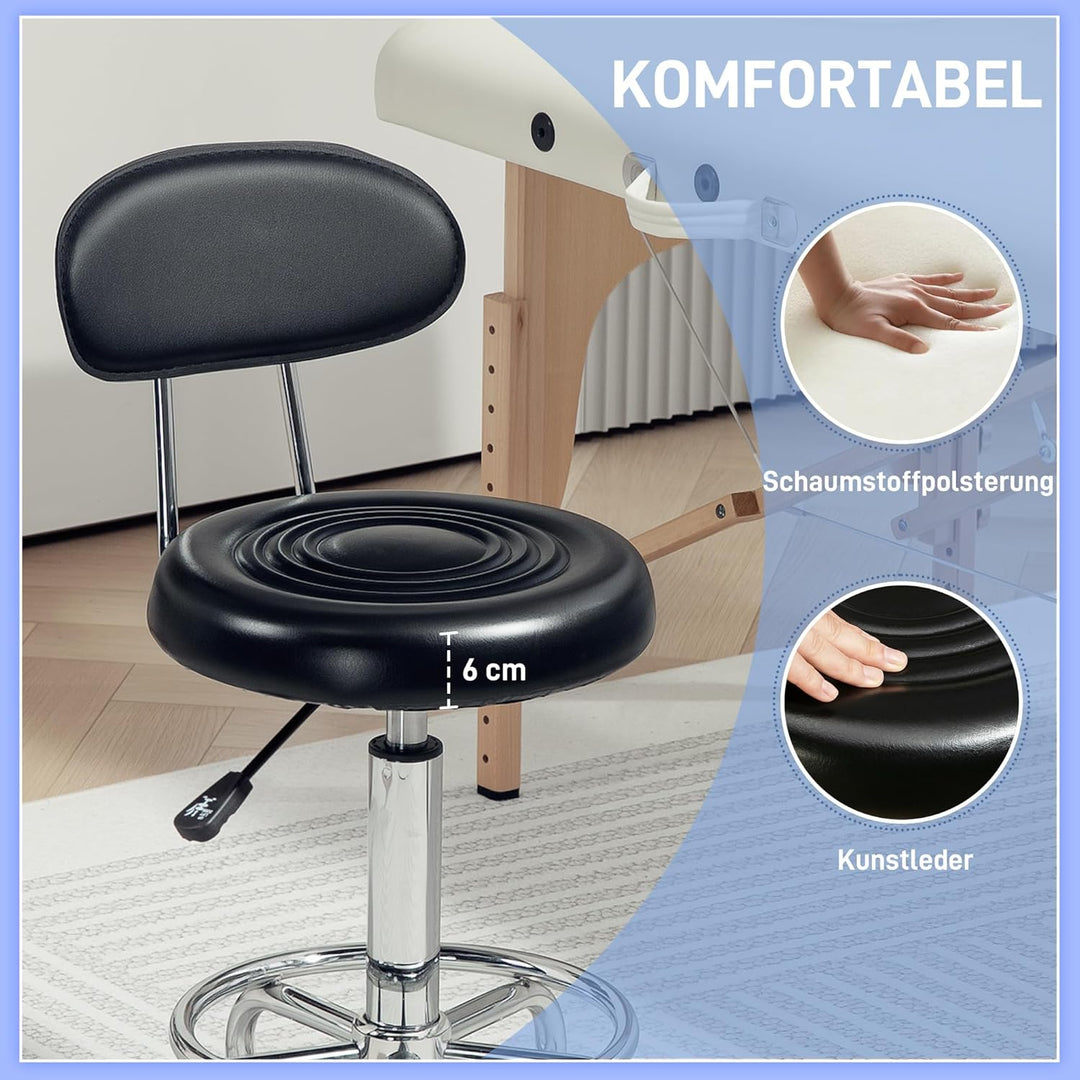 HOMCOM Rollhocker höhenverstellbar Drehhocker Drehbar Salon Hocker mit Lehne, Rädern, Arbeitshocker