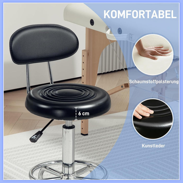 HOMCOM Rollhocker höhenverstellbar Drehhocker Drehbar Salon Hocker mit Lehne, Rädern, Arbeitshocker