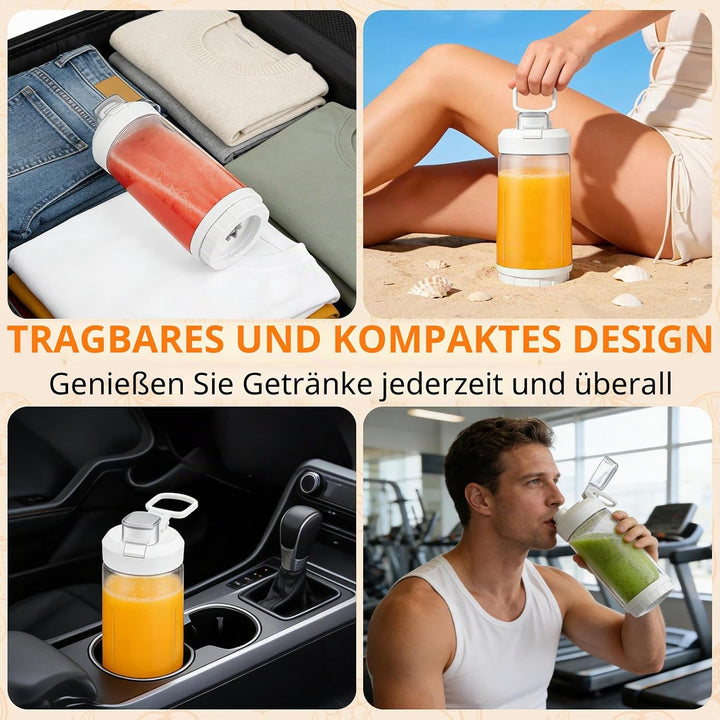 Tragbarer Mixer & Smoothie Maker to go 650ml, 4000mAh Akku USB-C wiederaufladbar | Zerkleinert Eis &