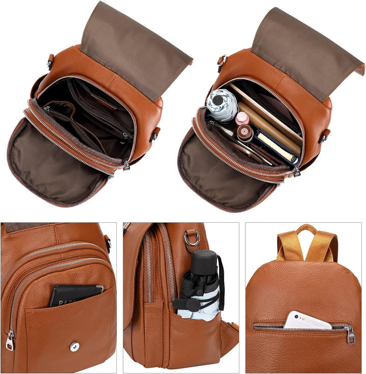 ALTOSY Echtes Leder Rucksack Geldbörse für Frauen Wandelbare Umhängetasche mit Schnalle Klappe Braun