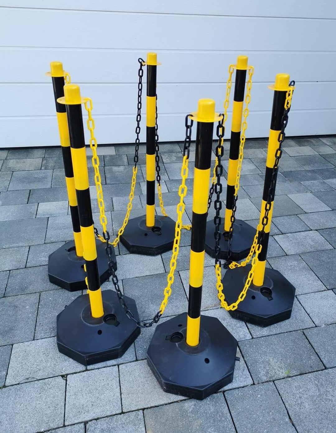 Absperrpfosten Gelb Kunststoff Poller verschiedene Sets (6 Pfosten 10 Meter Kette)