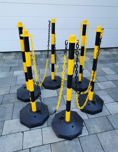 Absperrpfosten Gelb Kunststoff Poller verschiedene Sets (6 Pfosten 10 Meter Kette)