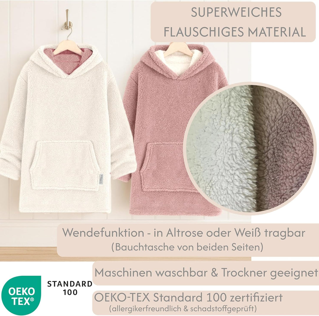 Hoodie Decke mit Ärmeln - Sherpa Wende Deckenpullover Oversize Kuscheldecke zum anziehen Kuschelponc