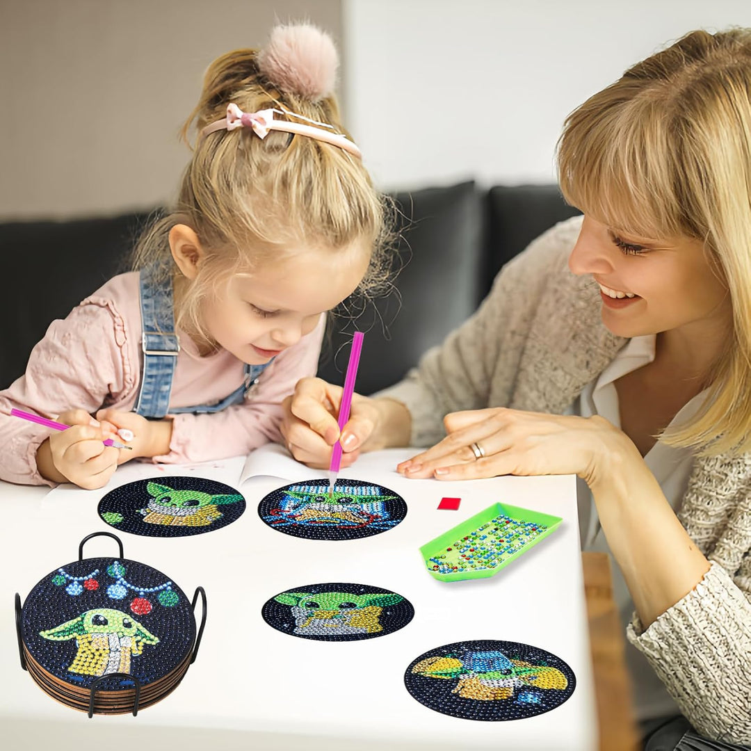 8 Stück Diamant Malerei Untersetzer mit Halter, DIY Yoda Diamant Malsets für Erwachsene Kinder Anfän