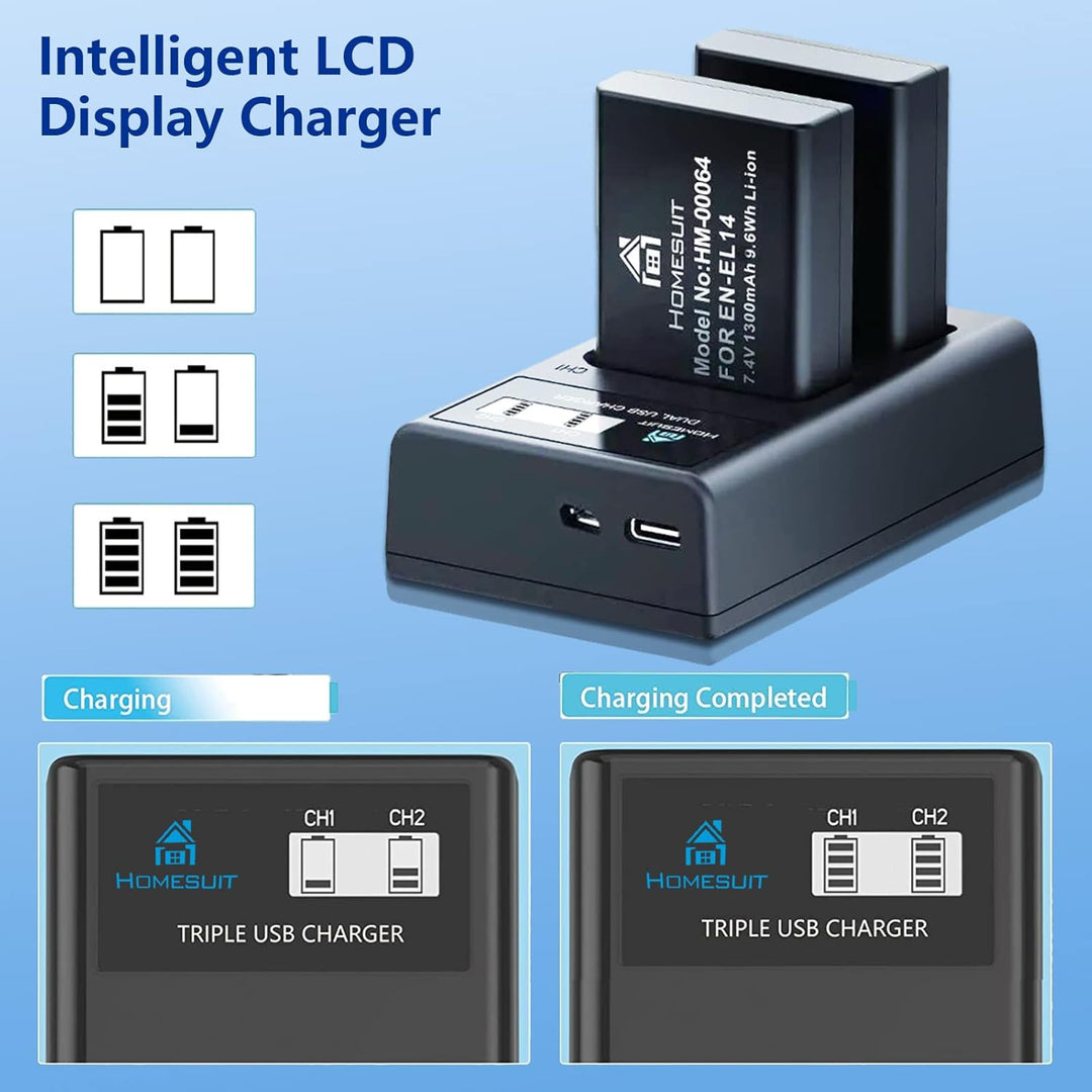 Homesuit EN-EL14 EN-EL14a Akku 1300mAh und LCD Dual Ladegerätsatz für Nikon D5600, D3300, D3500, D51