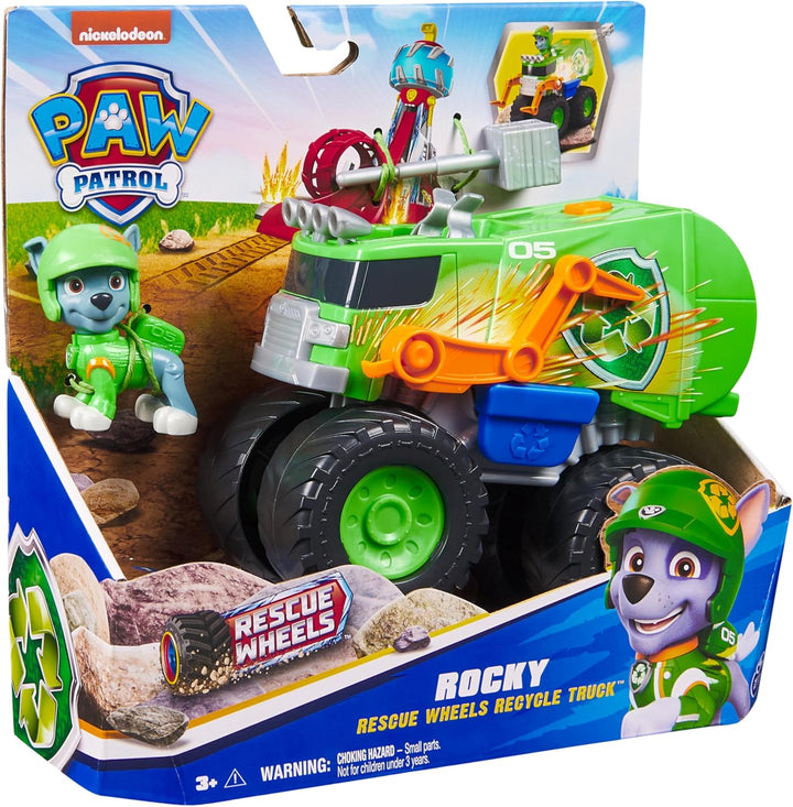 PAW PATROL Rescue Wheels - Rockys Recycling Monstertruck mit Geschoss-Abwurf und Rocky Hundefigur, S