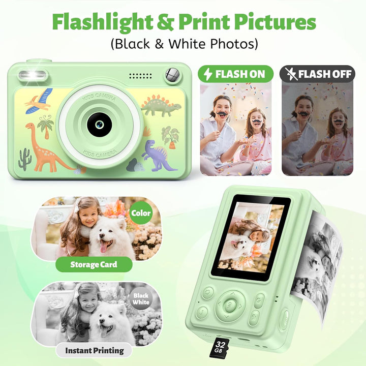 GREENKINDER Sofortbildkamera Kinder, 2.4 Zoll Bildschirm Kinderkamera Sofortbildkamera mit 32GB Kart