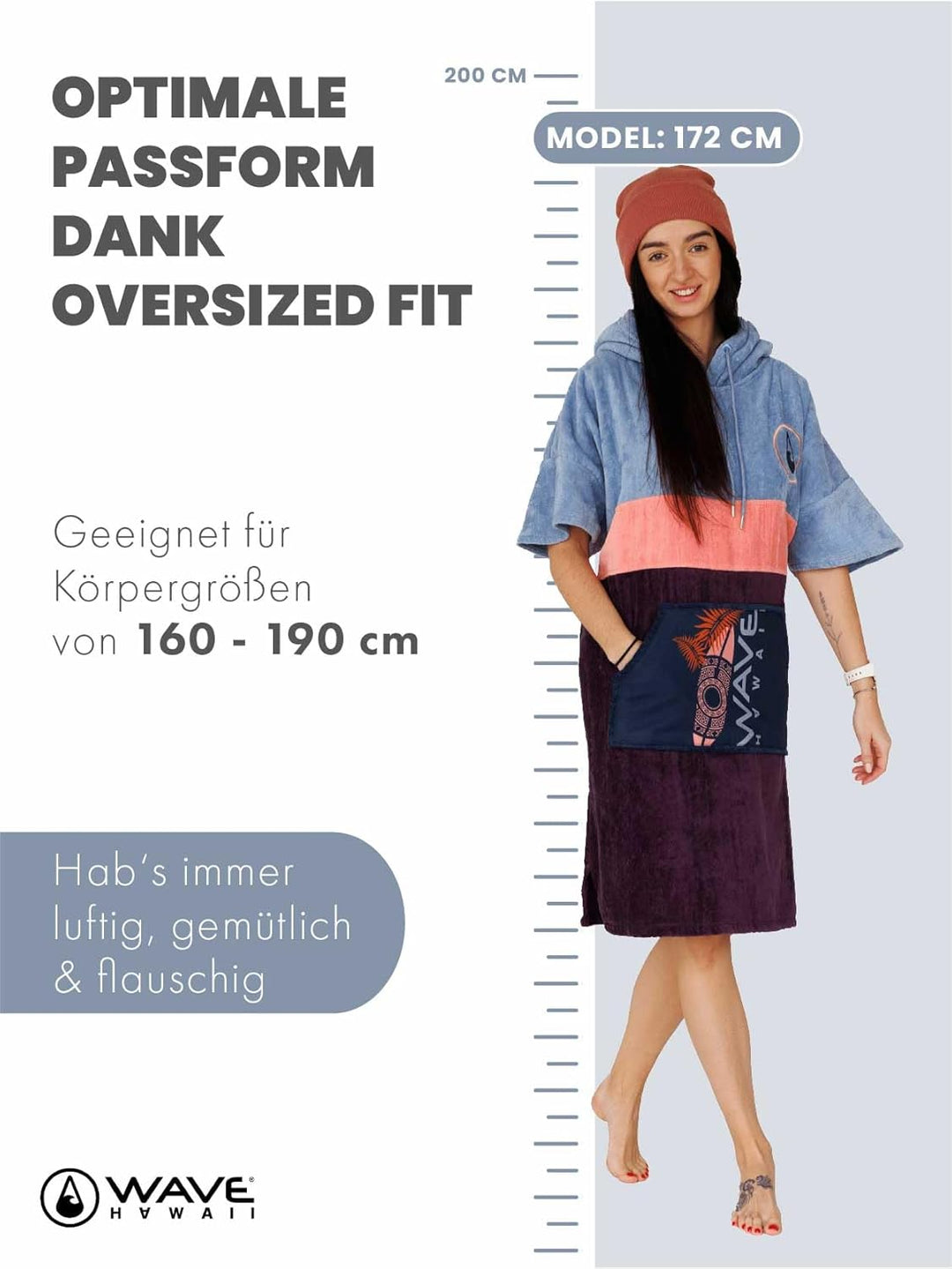 WAVE HAWAII Barravento Surfponcho für Körpergrössen 160-190 cm Poncho 100% ÖKO Baumwolle Velours Umk
