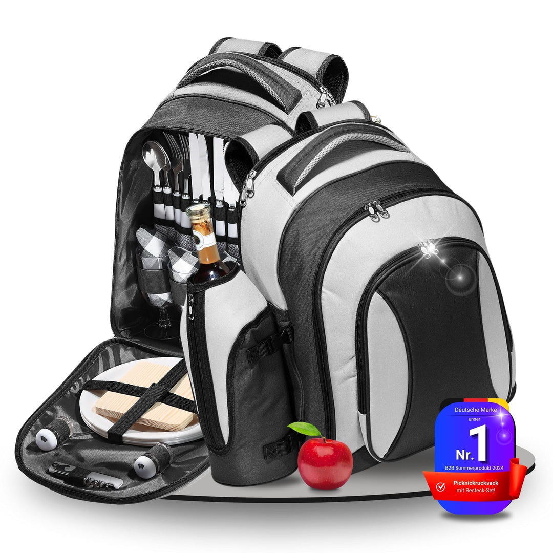 Picknickrucksack 4 Personen | Picknickset 21-TLG | Deluxe Rucksack mit Kühlfach | Camping-Besteck un
