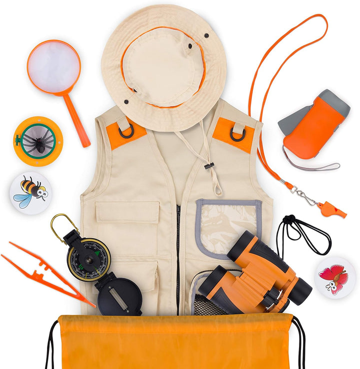 Forscherset für Kinder ab 6 & Safari Kostüm Kinder, Hut, Fernglas für Kinder, Becherlupe & Mehr - Fo