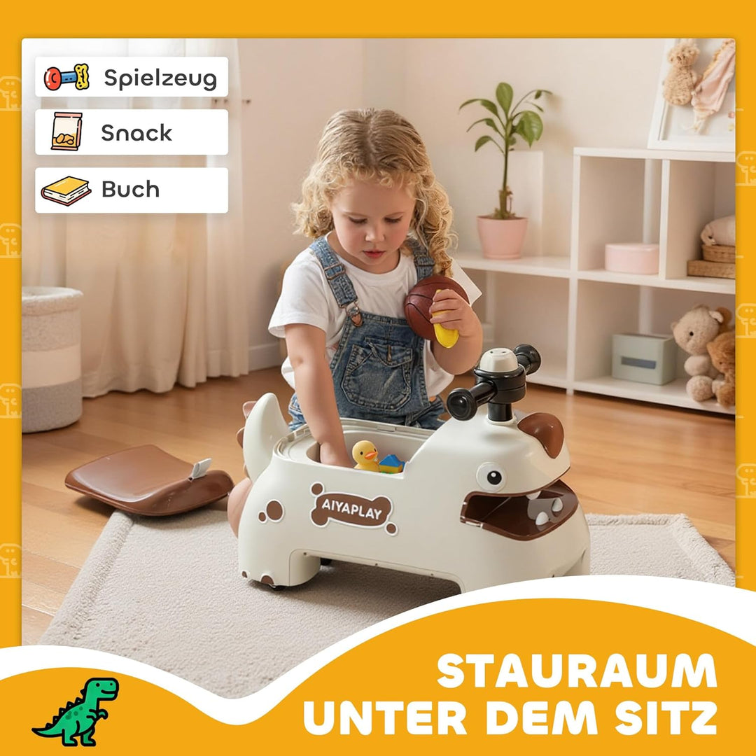 AIYAPLAY Rutschauto im Dinosaurier-Form Rutschfahrzeug mit Stauraum unter Sitz, Licht, Musik, Geräus