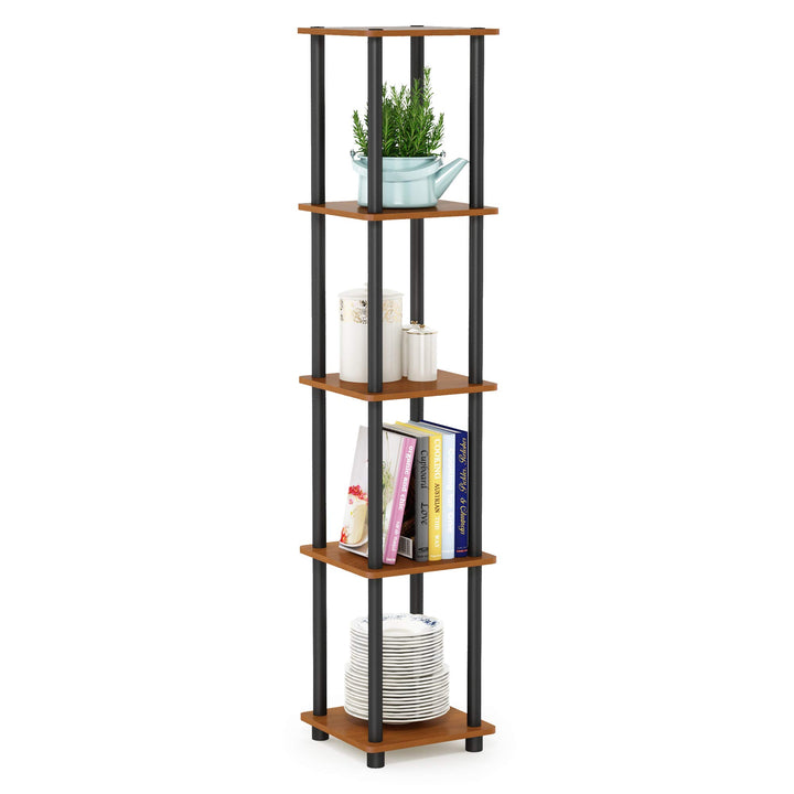 Furinno Viereckiges Regal mit 5 Ebenen, Kirsche hell/Schwarz, 29.46 x 29.46 x 146.56 cm Runde Rohre