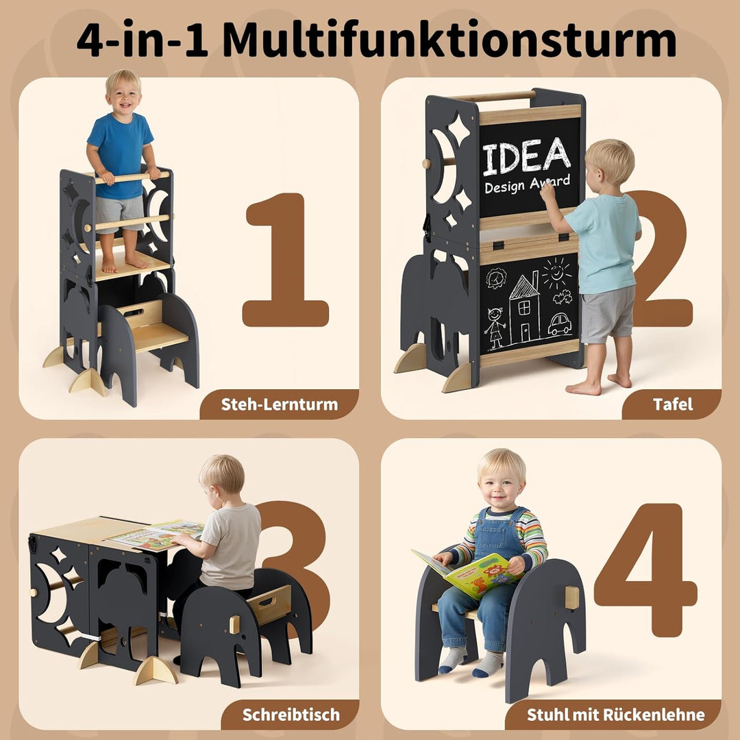 COSYLAND Lernturm ab 1 Jahr, klappbar – 4in1 Lernturm Kinder mit Doppeltafel, Stehhilfe & Schreibtis