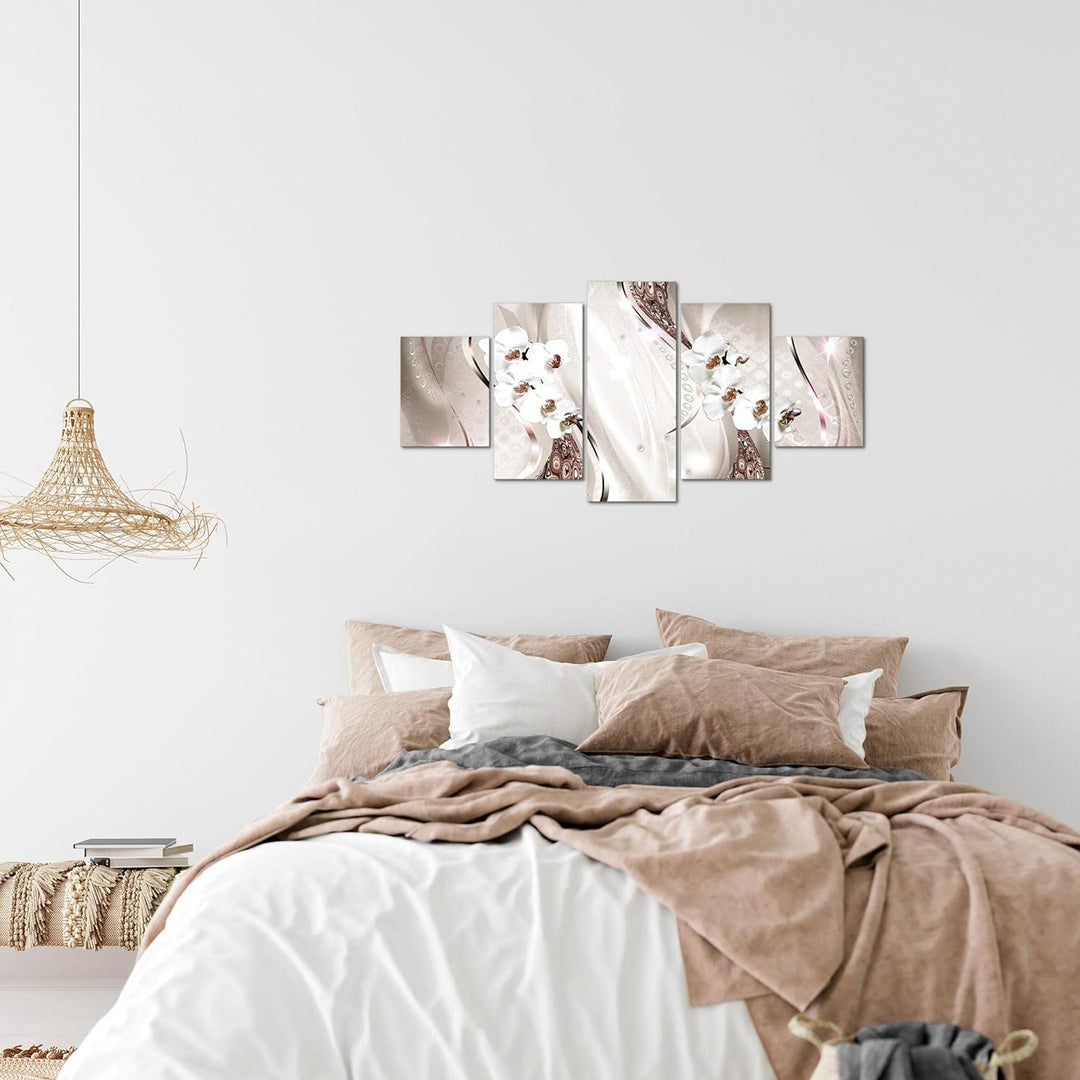 Runa Art Wandbilder Blumen Orchidee 5 Teilig Bild auf Vlies Leinwand Deko Wohnzimmer Abstrakt Perlen