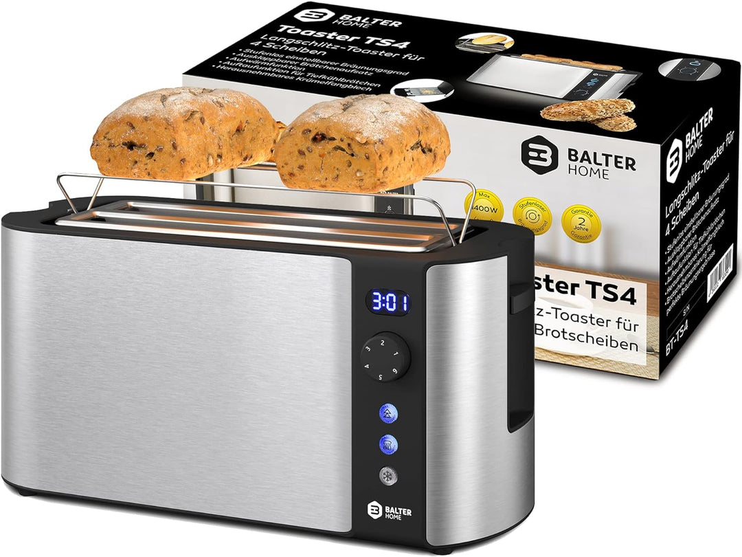 Balter Toaster 4 Scheiben, Langschlitz, Edelstahl, Brötchenaufsatz, LCD Display mit Restzeitanzeige,