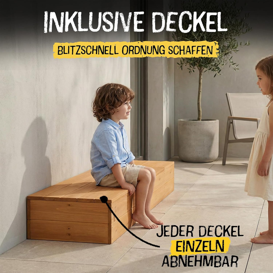 FRIEDO Sandkasten mit Abdeckung 120x40cm aus lasiertem Holz und Deckel I Sandkasten mit Matschküche