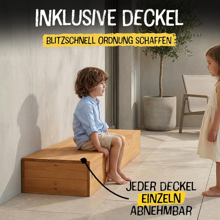 FRIEDO Sandkasten mit Abdeckung 120x40cm aus lasiertem Holz und Deckel I Sandkasten mit Matschküche