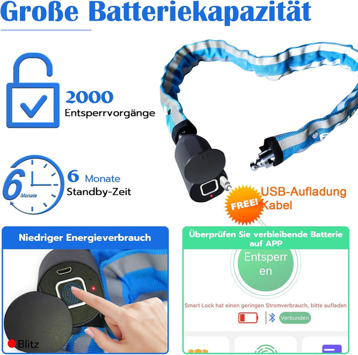 Anweller Fahrradschloss Fingerabdruck, Hohe Sicherheit Anti-Diebstahl Fahrrad Kettenschloss mit APP,