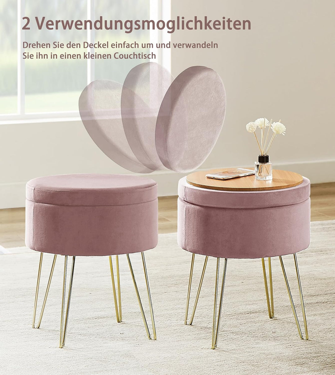 Zedelmaier Runder Sitzhocker Schminktisch Hocker Ottoman Gepolsterter Hocker Abnehmbarer Bezug Metal