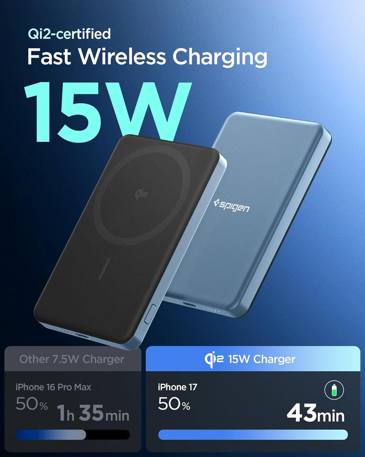 Spigen Essential Qi2 MagSafe Powerbank 5000mAh 22,5W Magnetische Kabellose Powerbank Ladegerät für i