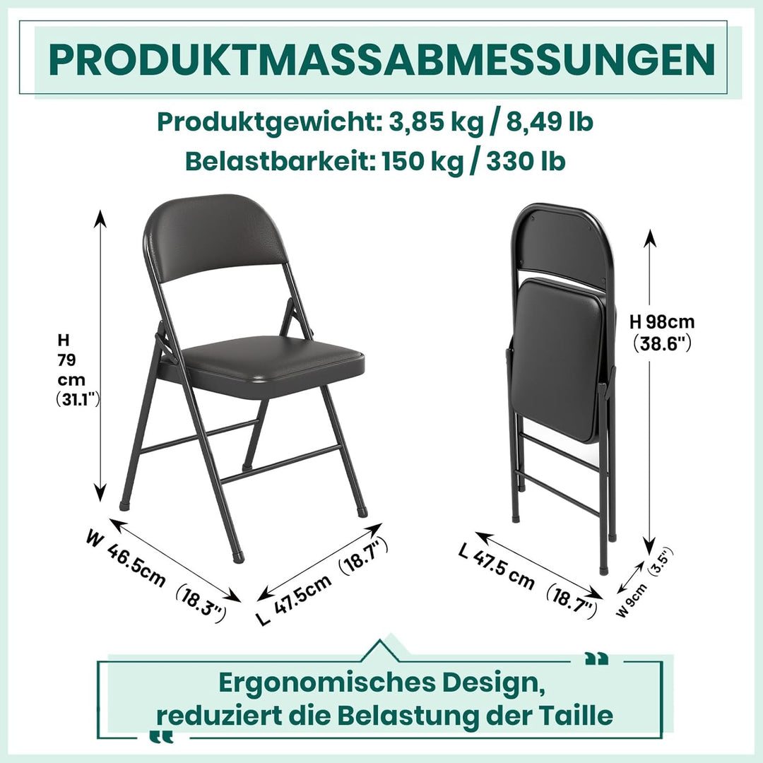 Klappstuhl mit PU-Leder &amp; Polsterung, Stabiler Metallrahmen, Leicht &amp; Platzsparend, für Büro, Zuhaus